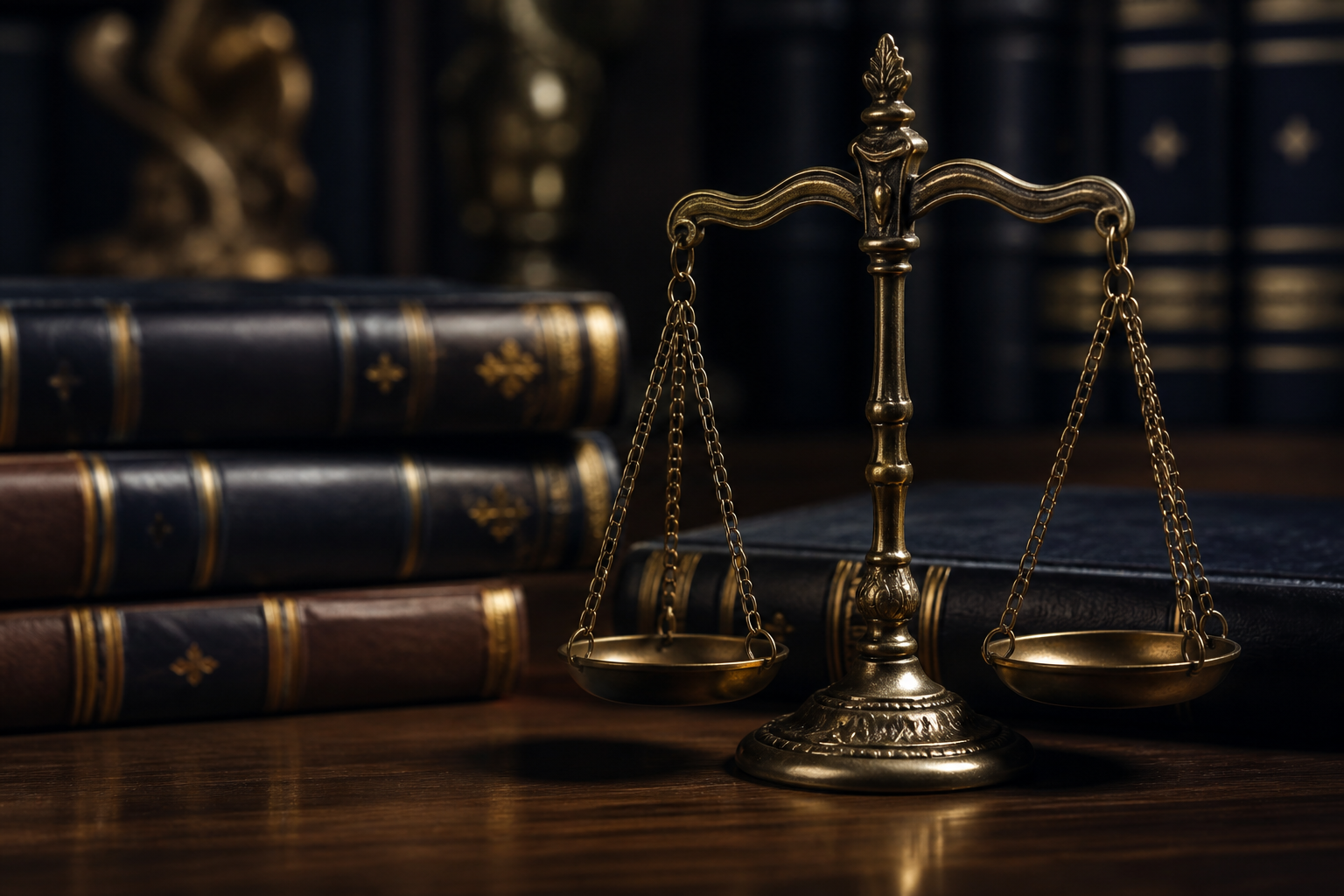 Brass scales of justice and law books